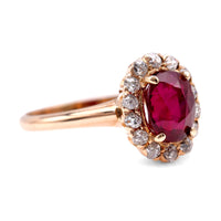 Mid-Century GIA 1.29 Carat Oval Ruby Diamond 14K Rose Gold Cluster Ring