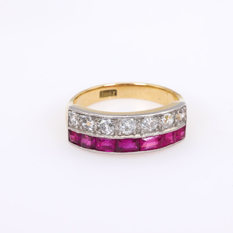 Retro Emerald Cut Ruby Diamond 18K Yellow Gold Ring