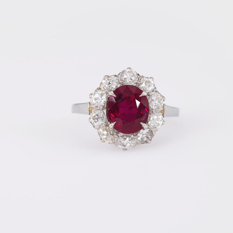 Art Deco GIA 2.58 Carat Ruby Diamond 18K White Gold Cluster Ring