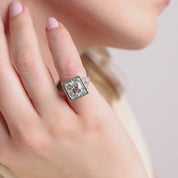 Art Deco GIA 3.42 carat old European cut diamond emerald platinum target ring