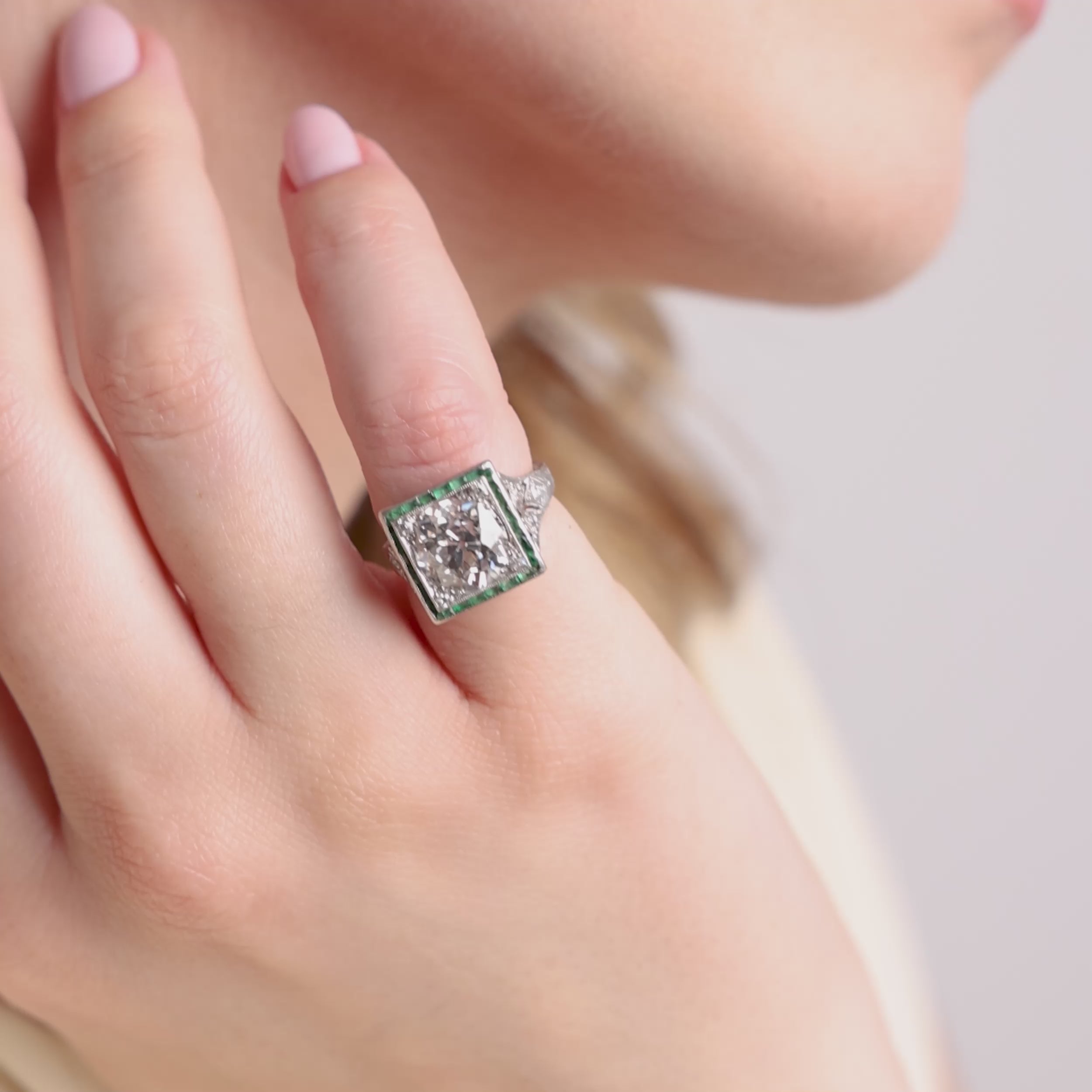 Art Deco GIA 3.42 carat old European cut diamond emerald platinum target ring