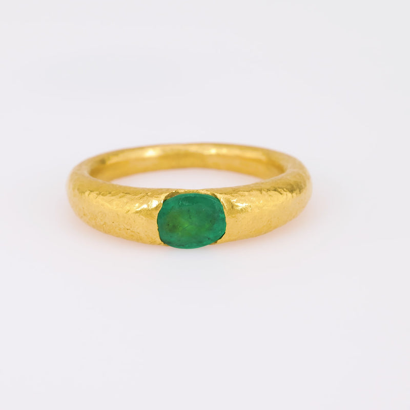 Roman Style Emerald 24K Textured Yellow Gold Solitaire Ring