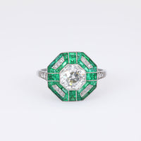 Art Deco Inspired 1.45 Carat Diamond Emerald Platinum Ring