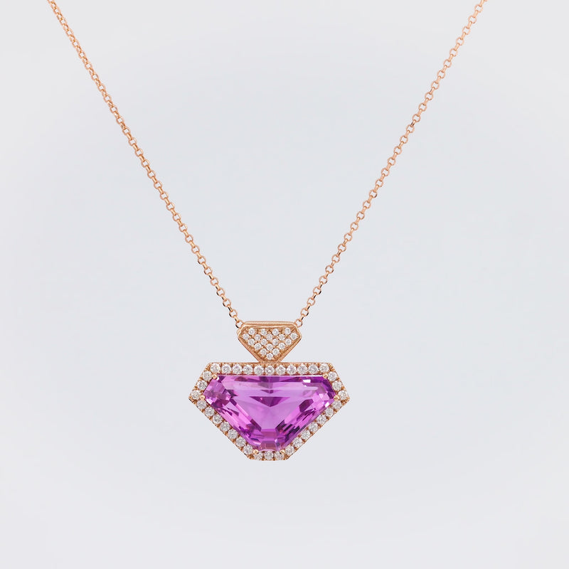 Modern 15 Carat Kunzite Diamond 14K Rose Gold Necklace