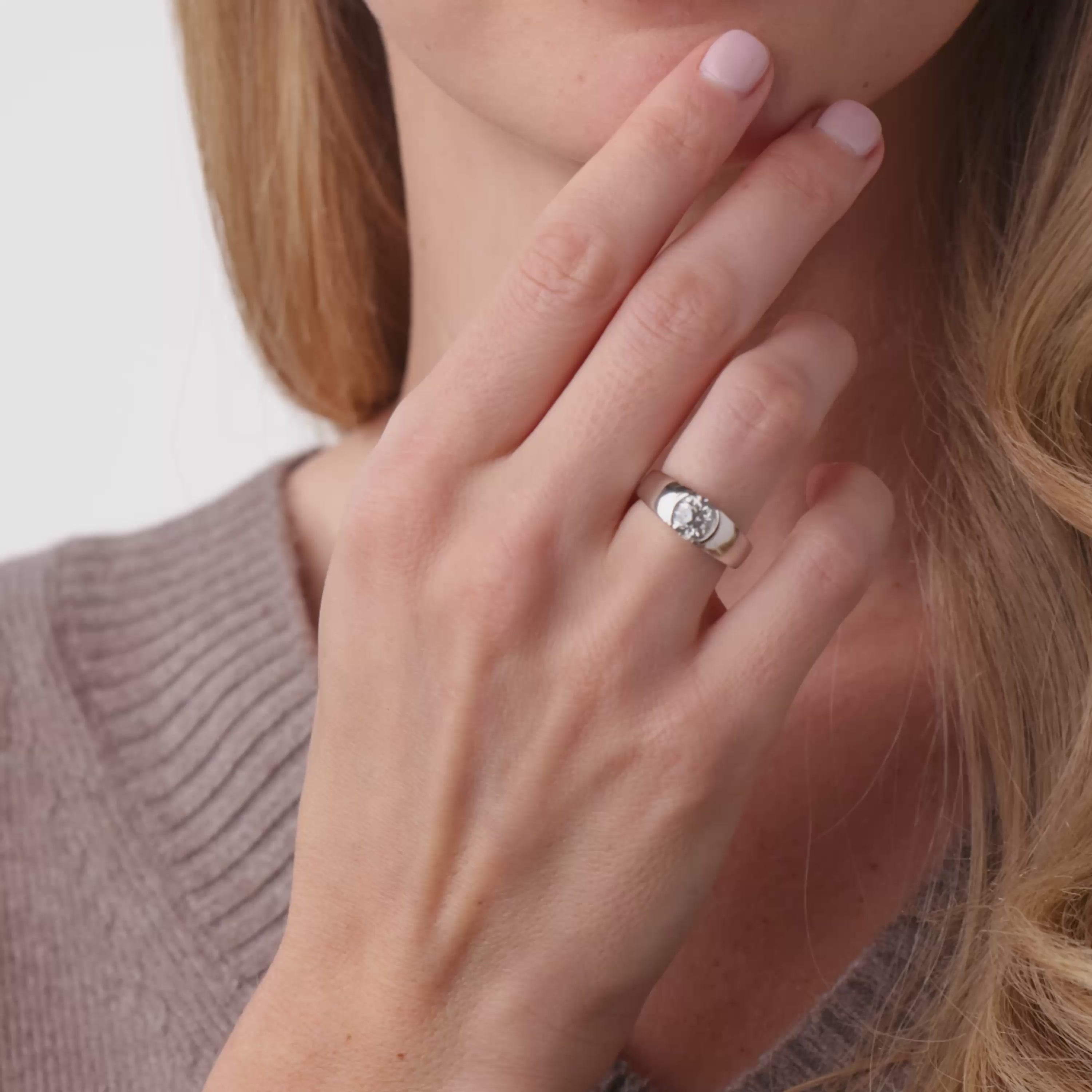GIA 1.40 carat old European cut diamond platinum half bezel set ring