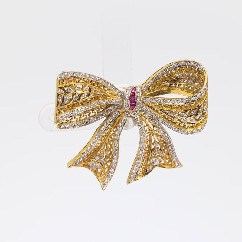 Edwardian inspired diamond ruby 18k gold ribbon brooch