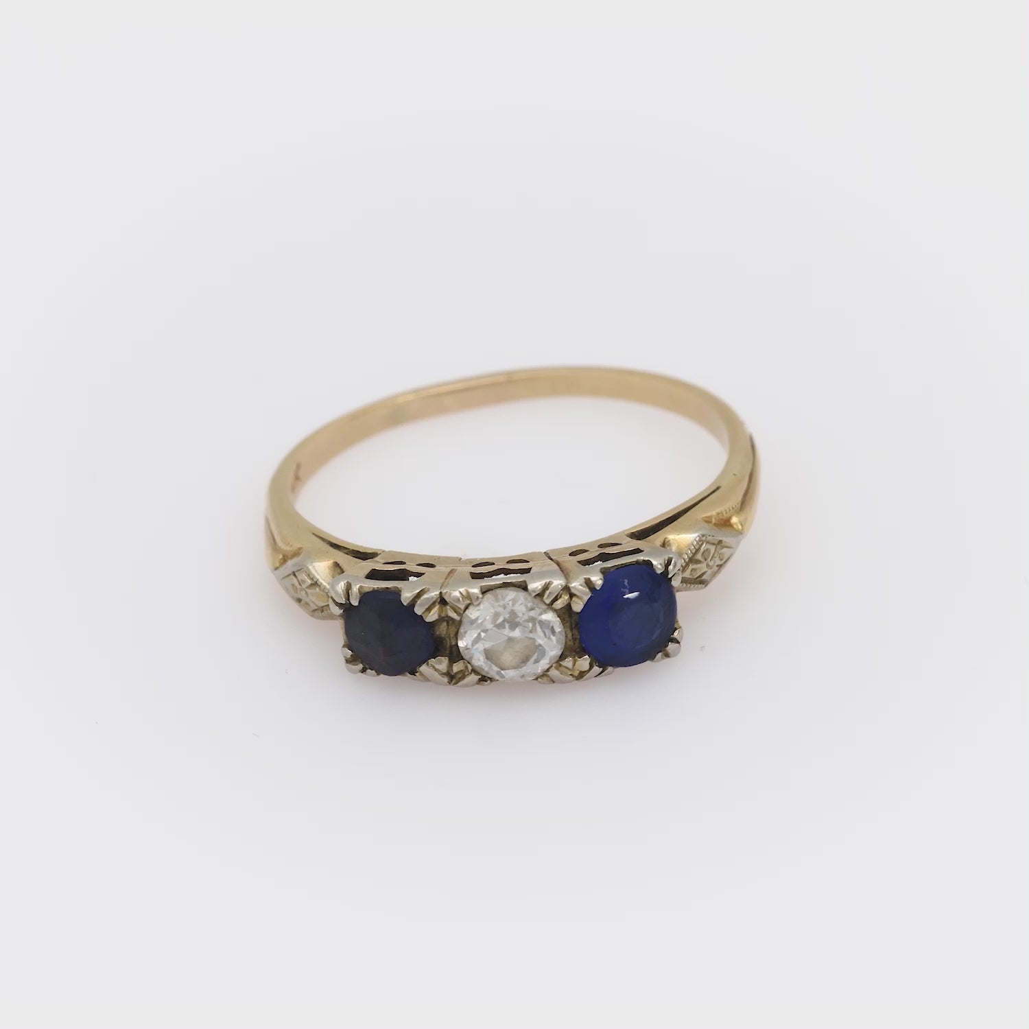 Victorian diamond sapphire 14k yellow gold 3 stone ring