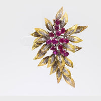 Retro 5 carat ruby diamond 14k gold leaf brooch