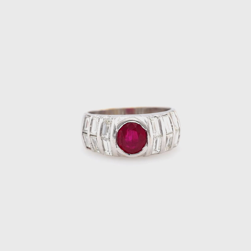 Mid Century Ruby and Diamond 18k White Gold Band Ring