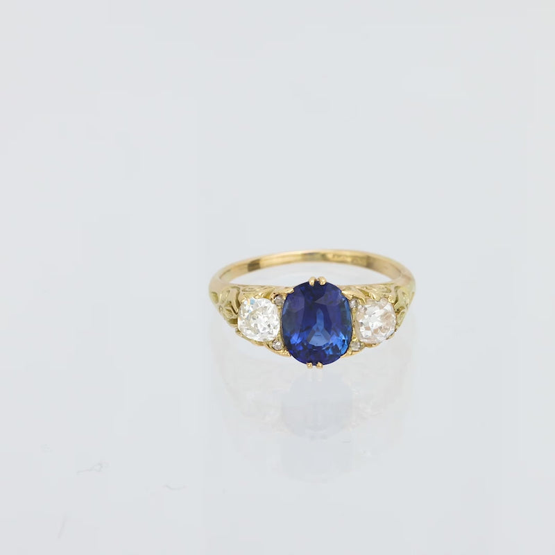 Victorian 2 carat sapphire old mine cut diamond 18k yellow gold three stone ring
