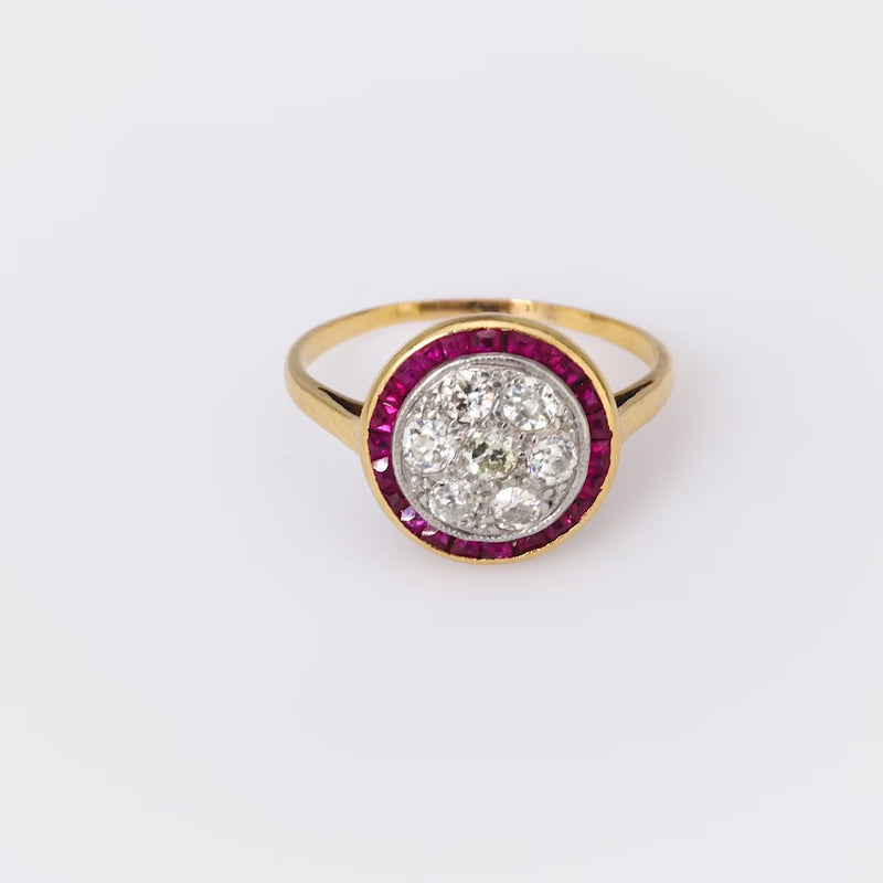 Victorian diamond ruby 18k yellow gold target ring