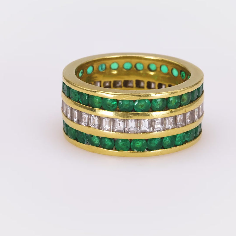 Vintage Diamond Emerald Three Row Yellow Gold Ring