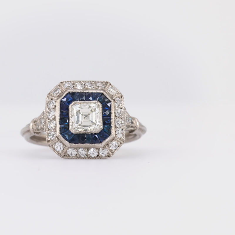 Art Deco Style Diamond Sapphire Platinum Square Halo Ring