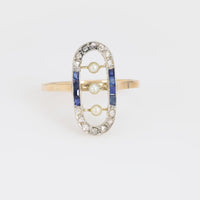 Victorian seed pearl diamond sapphire 18k yellow gold Navette ring