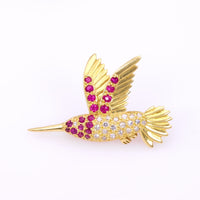 Vintage Ruby Diamond 18K Yellow Gold Humming Bird Brooch