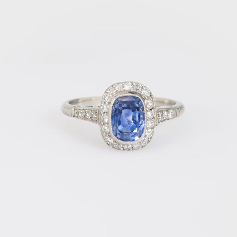 Art Deco style 2.91 carat sapphire diamond platinum halo ring