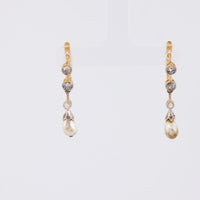 Antique natural pearl old cut diamond 18k yellow gold drop earrings