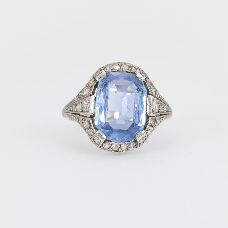 Art Deco French GIA 3.20 carat no heat sapphire diamond platinum ring