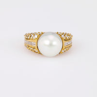 Vintage Cultured Pearl Diamond 18K Yellow Gold Cocktail Ring