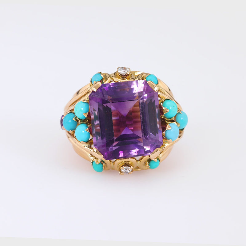 Retro French 11 Carat Amethyst Turquoise Diamond 18K Yellow Gold Cocktail Ring