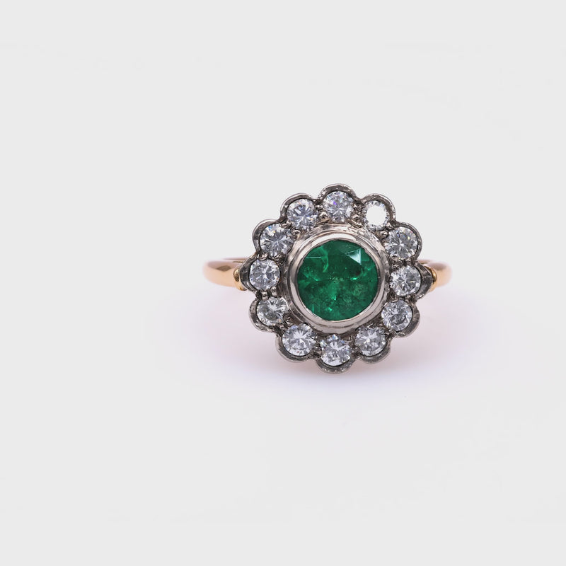 One Victorian Revival Emerald Diamond 14k Yellow Gold Platinum Cluster Ring.