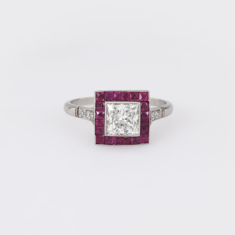 Art Deco Style Diamond Ruby Platinum Square Halo Ring