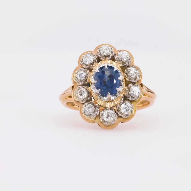 Retro Sapphire Diamond 18K Yellow and White Gold Cluster Ring