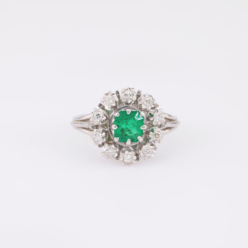 Mid Century Emerald Diamond 18K White Gold Cluster Ring