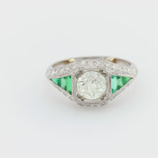 Art Deco GIA 1.31 carat diamond emerald platinum engagement ring
