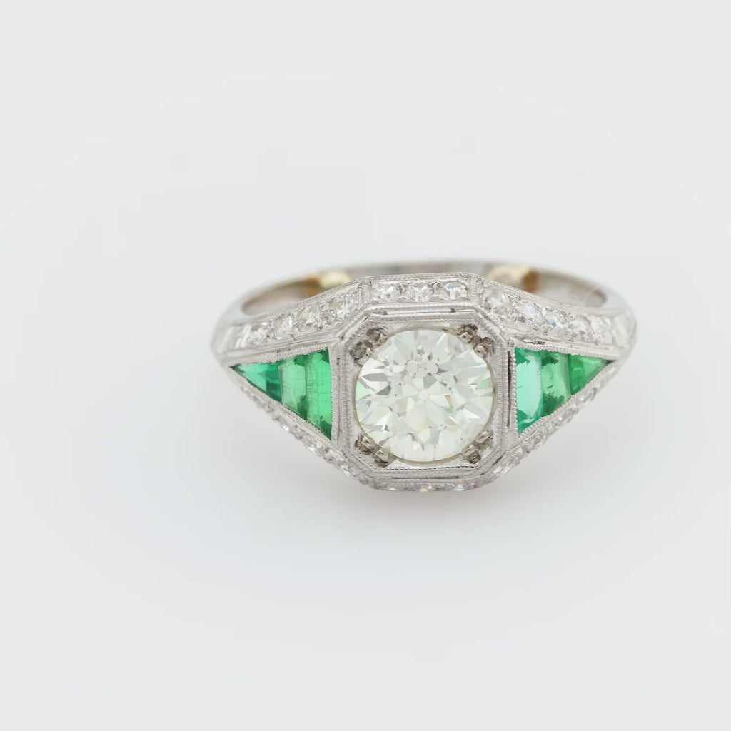 Art Deco GIA 1.31 carat diamond emerald platinum engagement ring