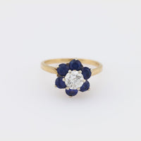 Vintage diamond synthetic sapphire 14k yellow gold flower cluster ring