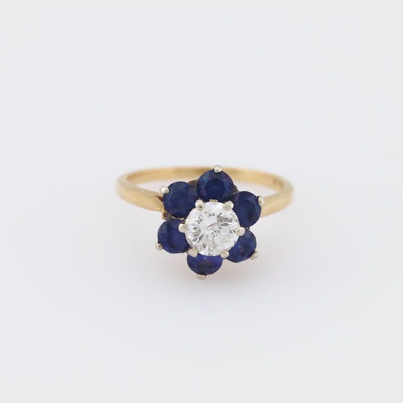 Vintage diamond synthetic sapphire 14k yellow gold flower cluster ring