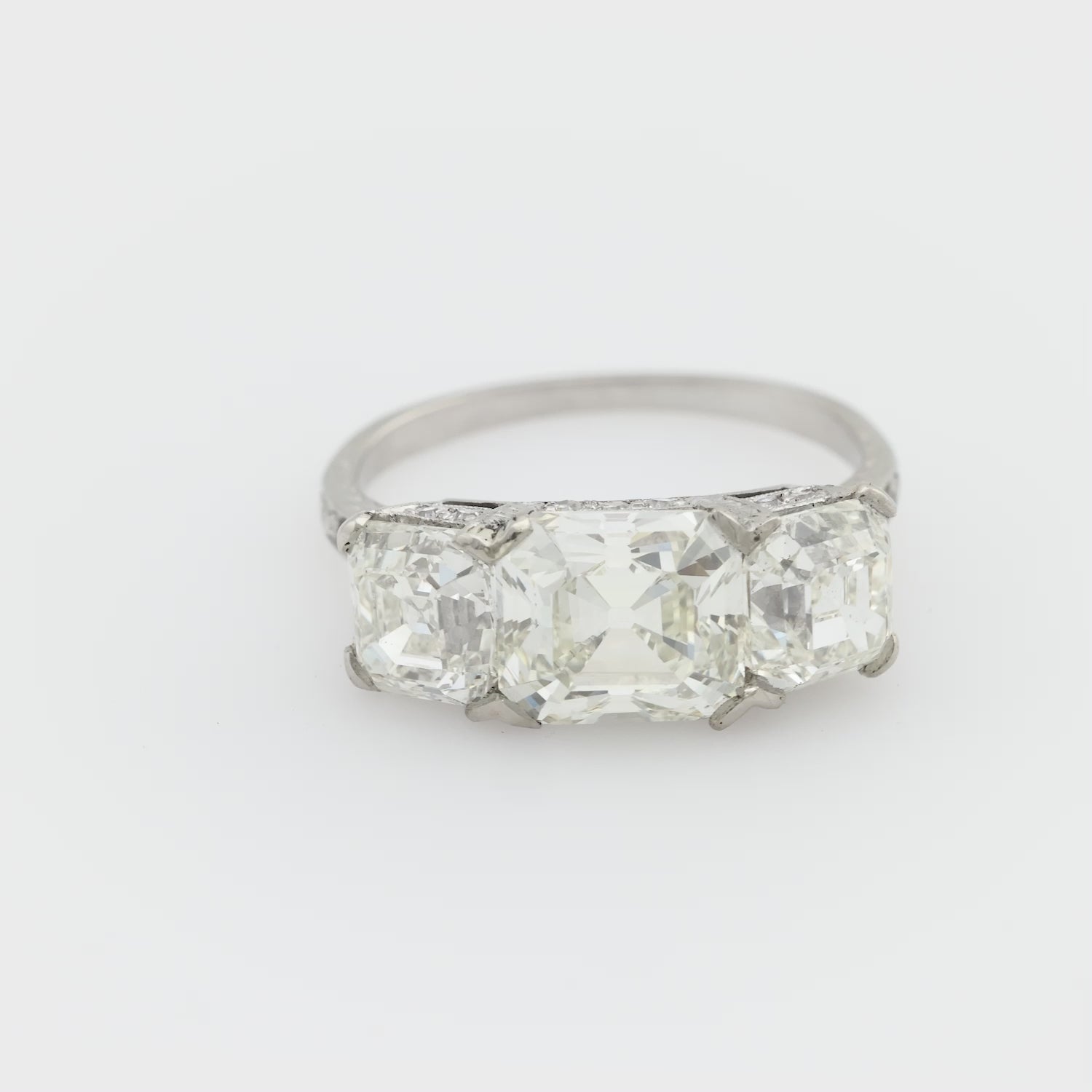 Art Deco GIA 5.29 carat asscher cut diamond platinum 3 stone engagement ring