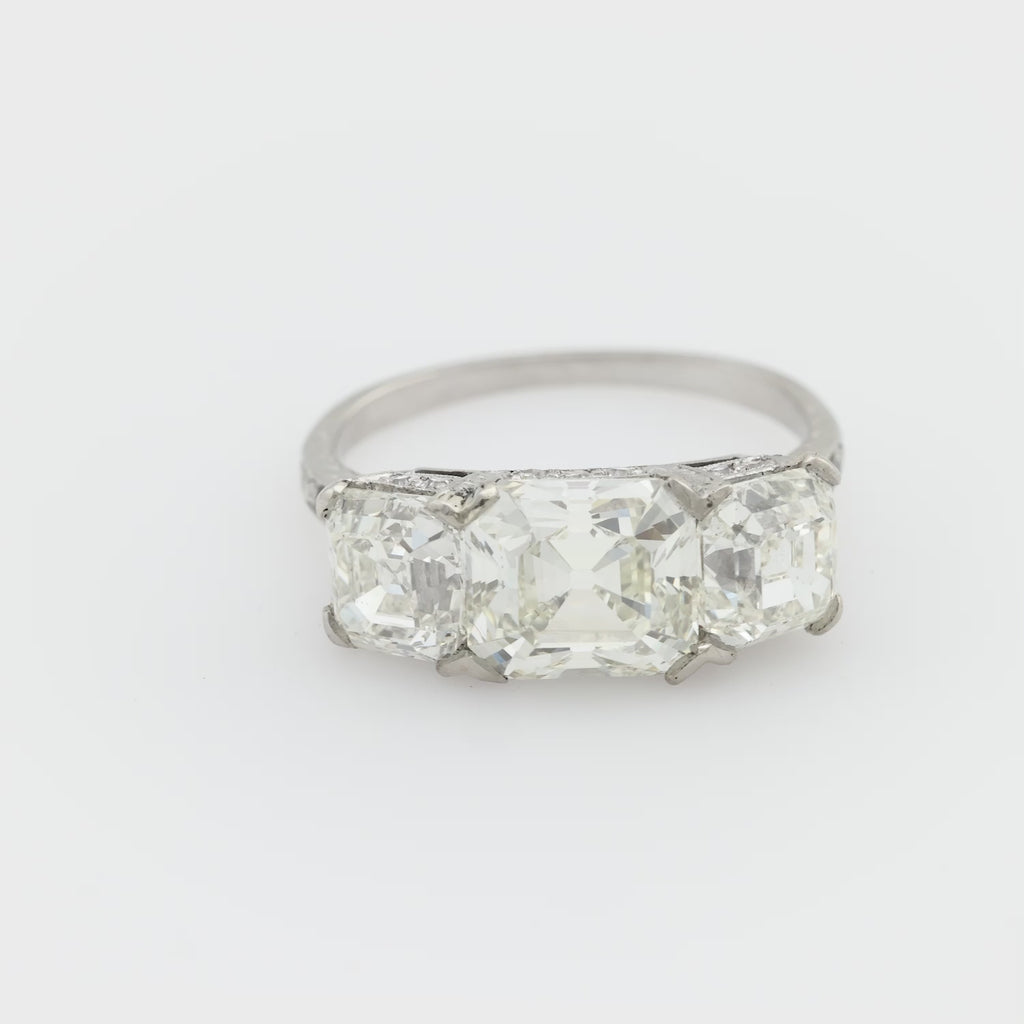 Art Deco GIA 5.29 carat asscher cut diamond platinum 3 stone engagement ring