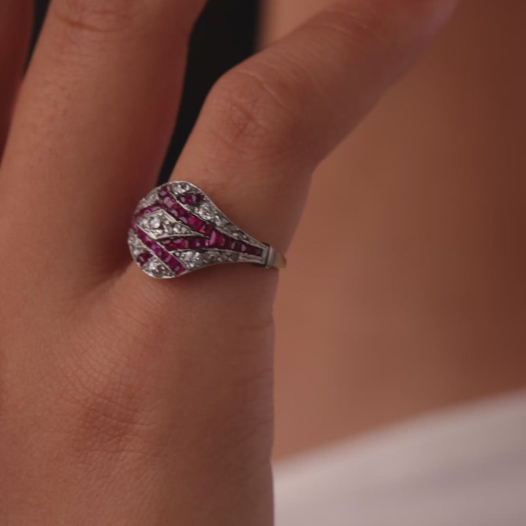 Edwardian diamond ruby 18k yellow gold platinum ring