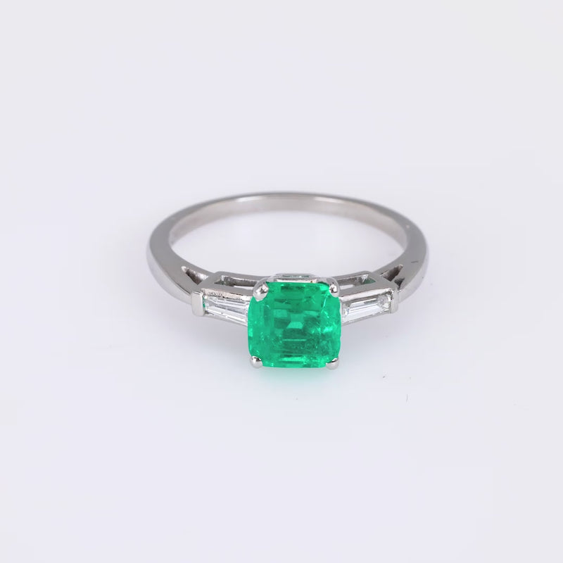 Vintage GIA 1.26 Carat Colombian Emerald Diamond Platinum Ring