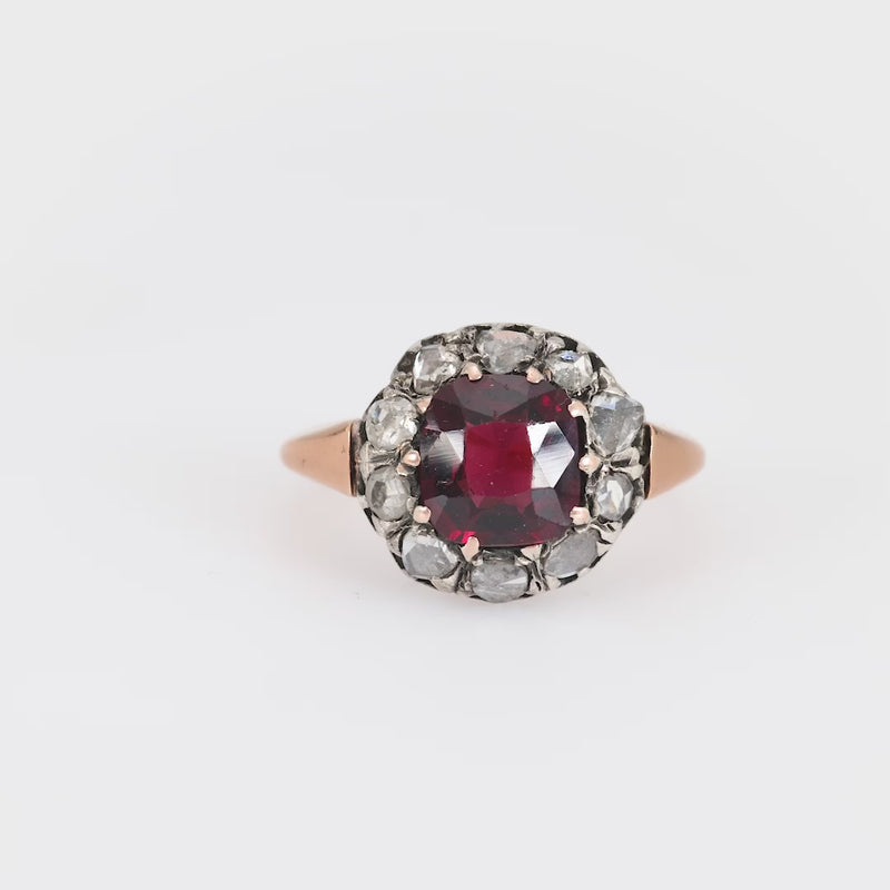 Victorian 2.20 carat garnet diamond 18k rose gold silver cluster ring