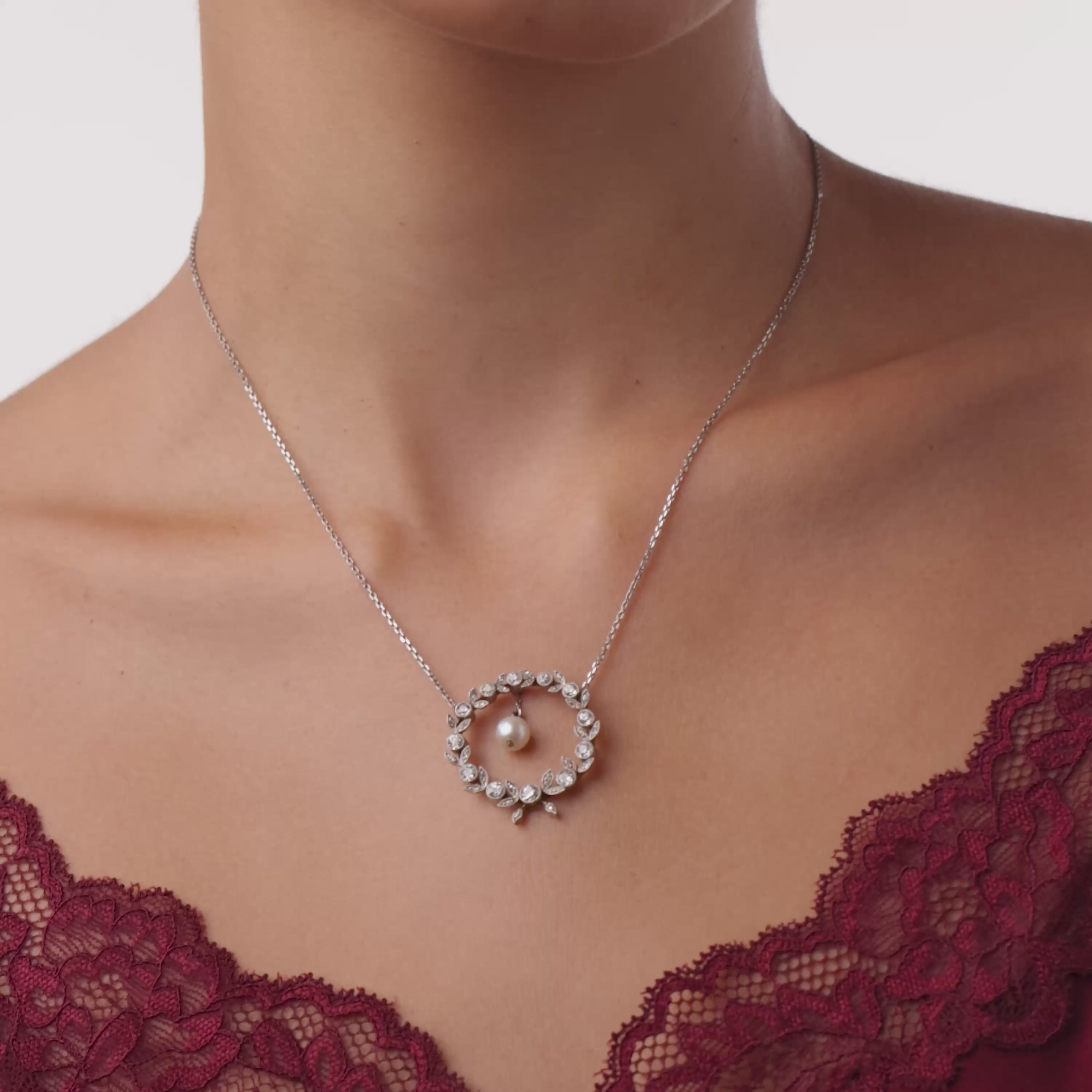 Edwardian diamond pearl platinum wreath necklace