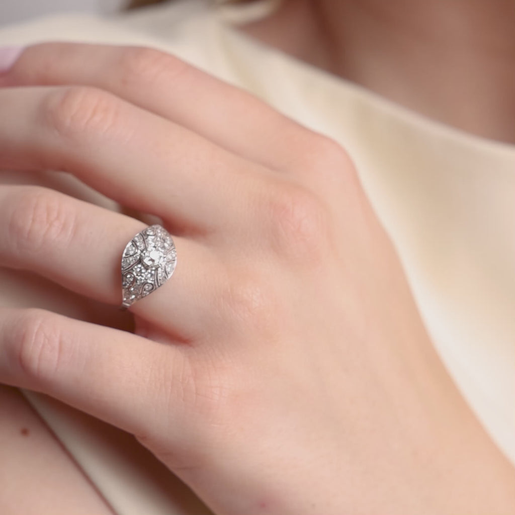 Art Deco inspired diamond filigree platinum ring