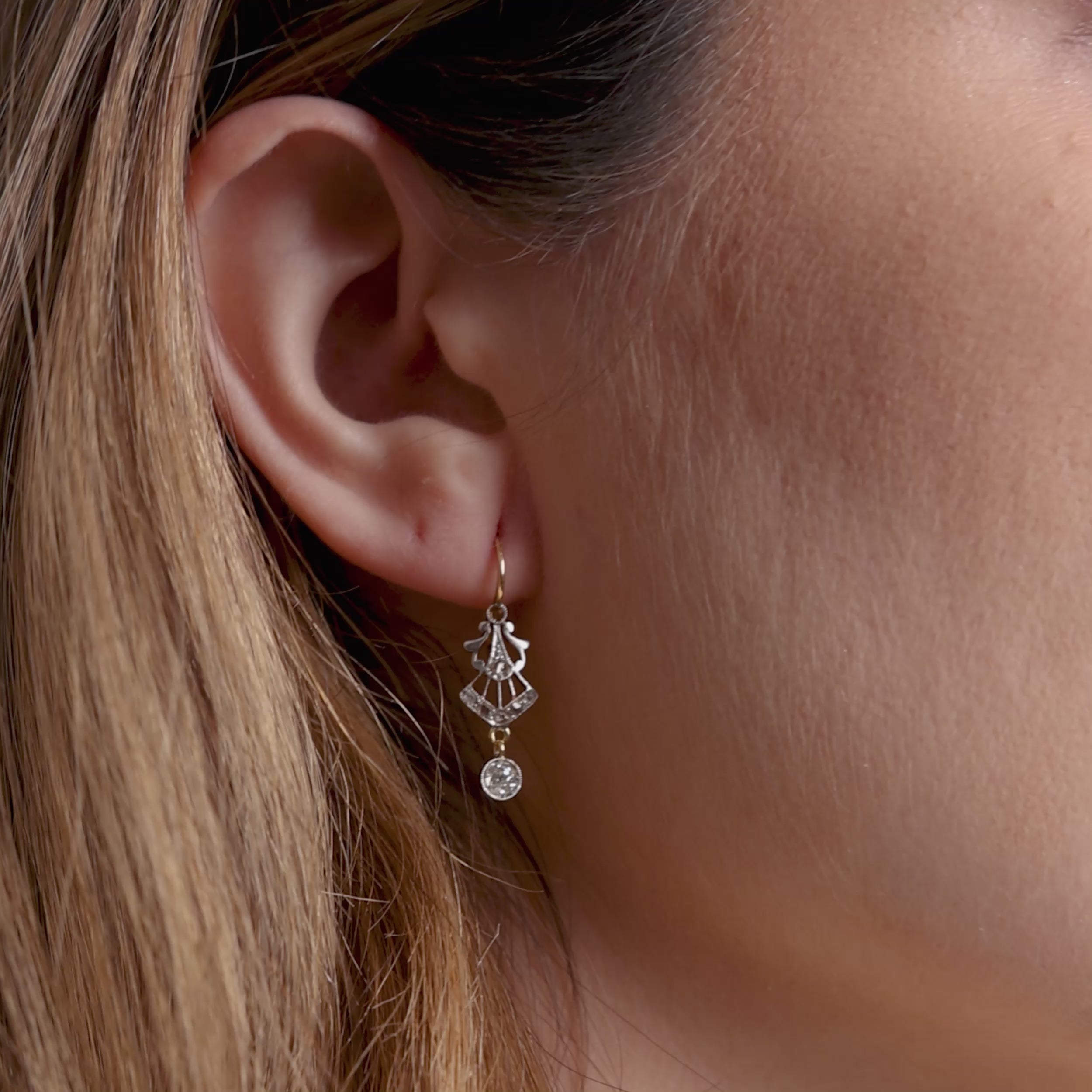 Edwardian old cut diamond two tone drop earrings