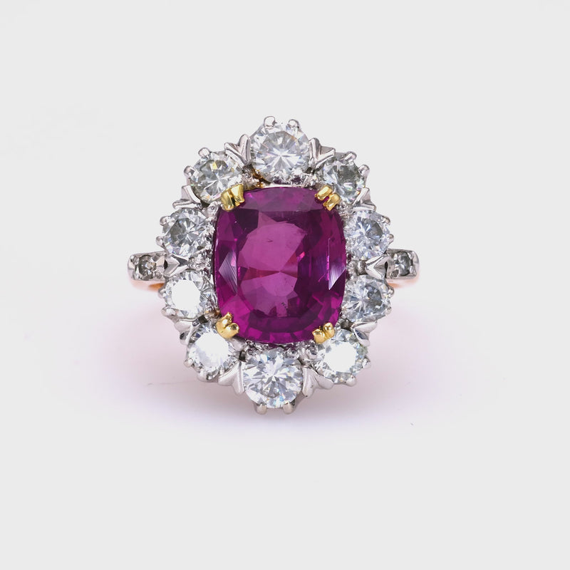 Mid-Century No Heat Pink Sapphire Diamond Gold Cluster Ring