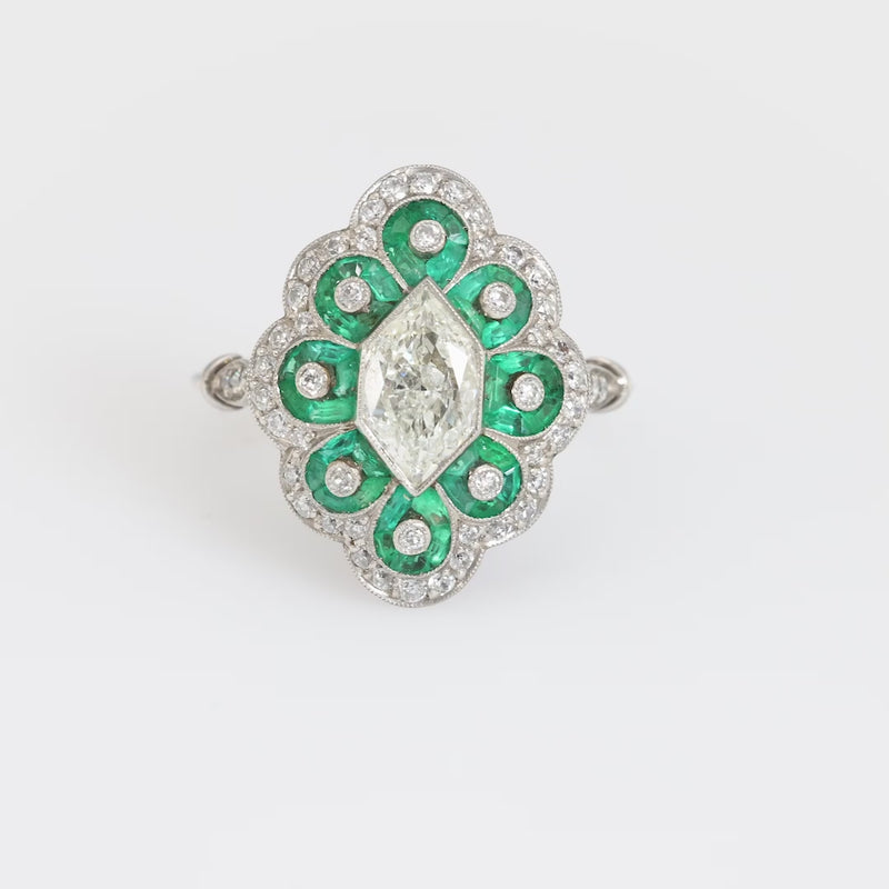 Art Deco style diamond emerald platinum Navette ring