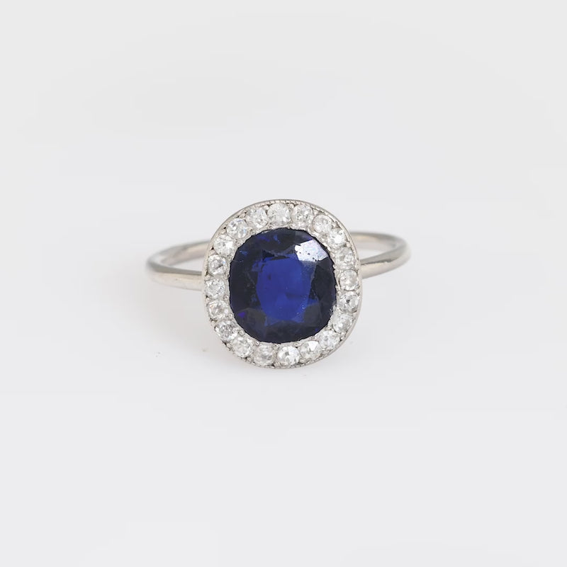 Antique French GIA 1.90 carat no heat sapphire diamond platinum halo ring