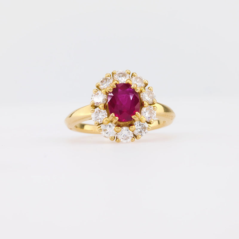 Mauboussin Paris 1.3 Carat Oval Cut Ruby Diamond 18K Yellow Gold Cluster Ring