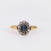 Antique French cabochon sapphire diamond 18k yellow gold silver cluster ring