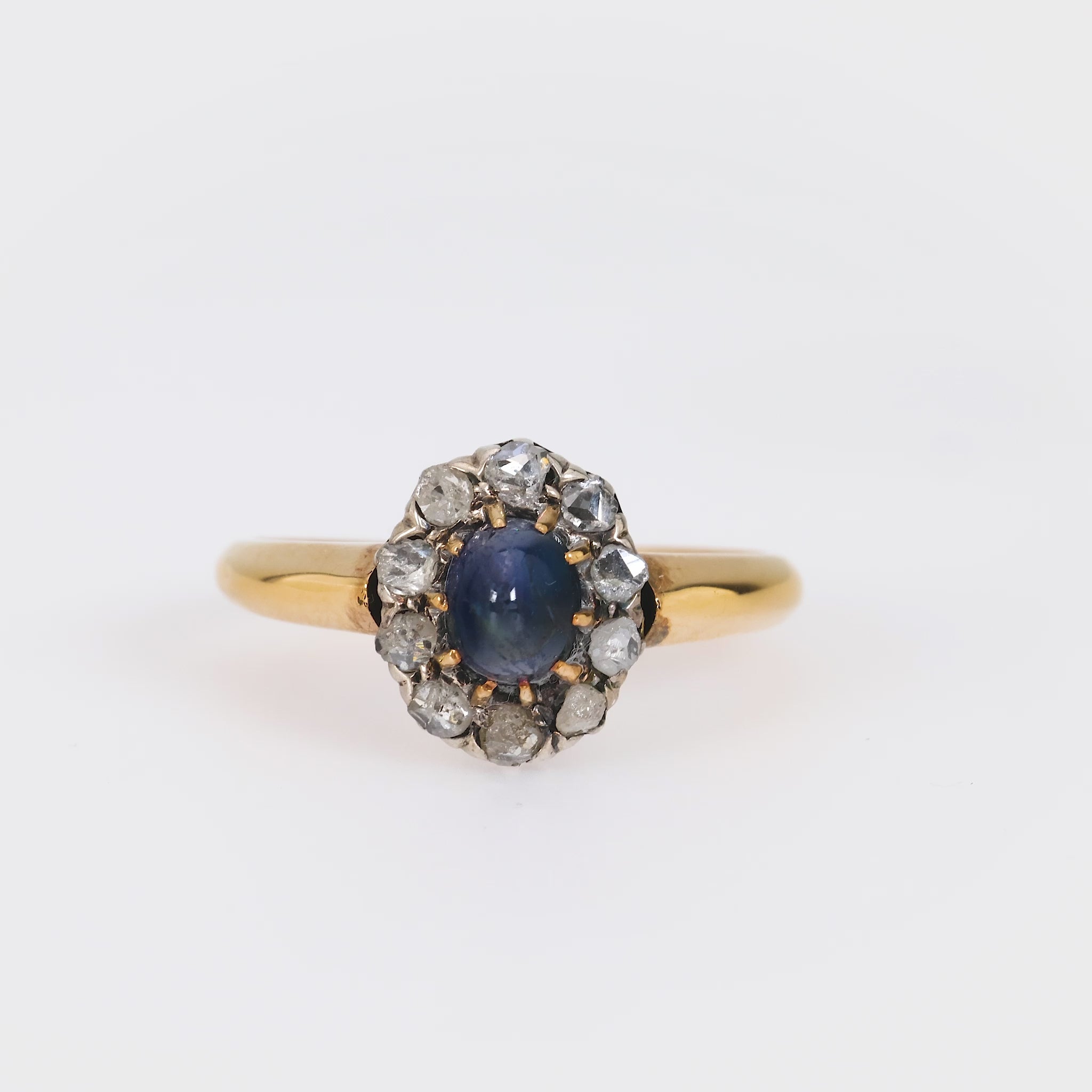 Antique French cabochon sapphire diamond 18k yellow gold silver cluster ring