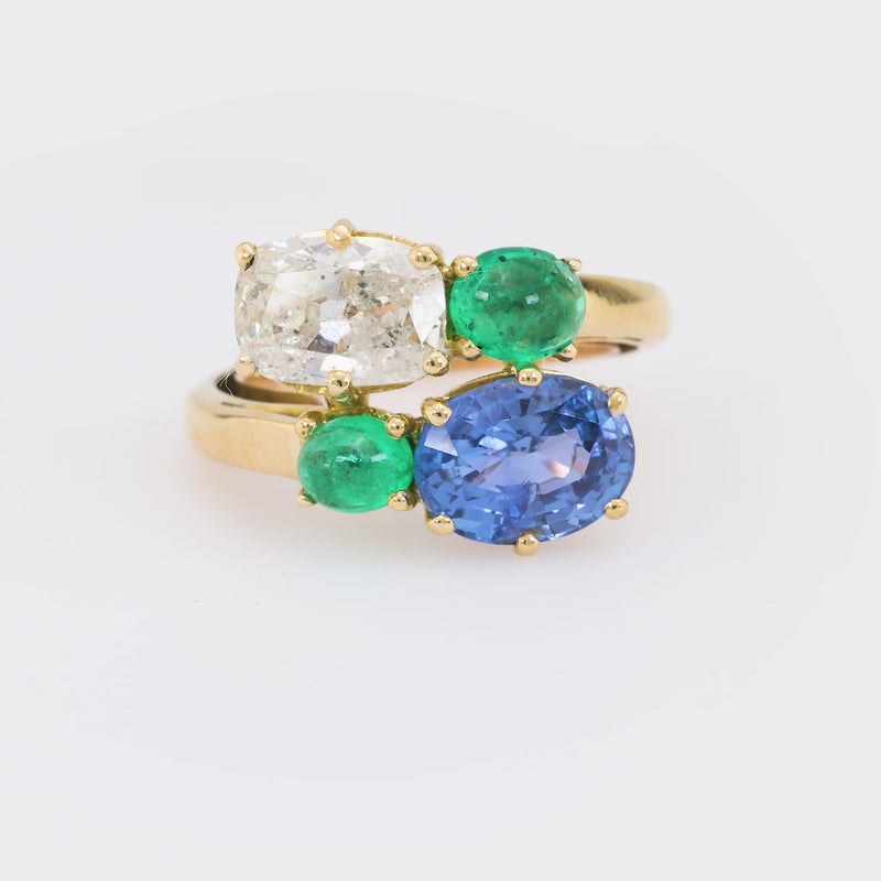 French GIA Sapphire & GIA Diamond Emerald 18K Toi Et Moi Ring