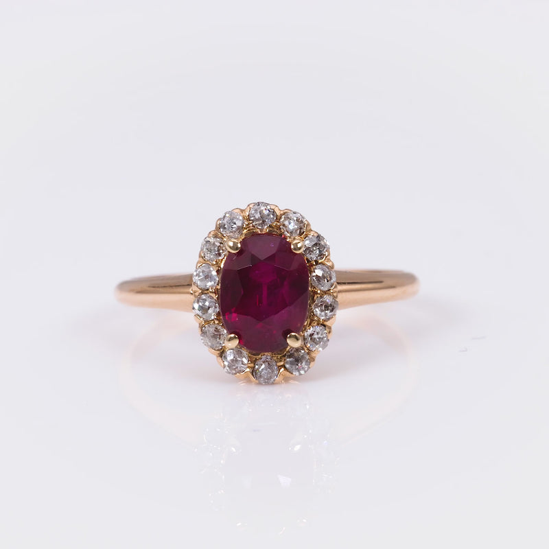 Mid-Century GIA 1.29 Carat Oval Ruby Diamond 14K Rose Gold Cluster Ring