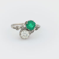Edwardian emerald diamond platinum Toi Et Moi ring
