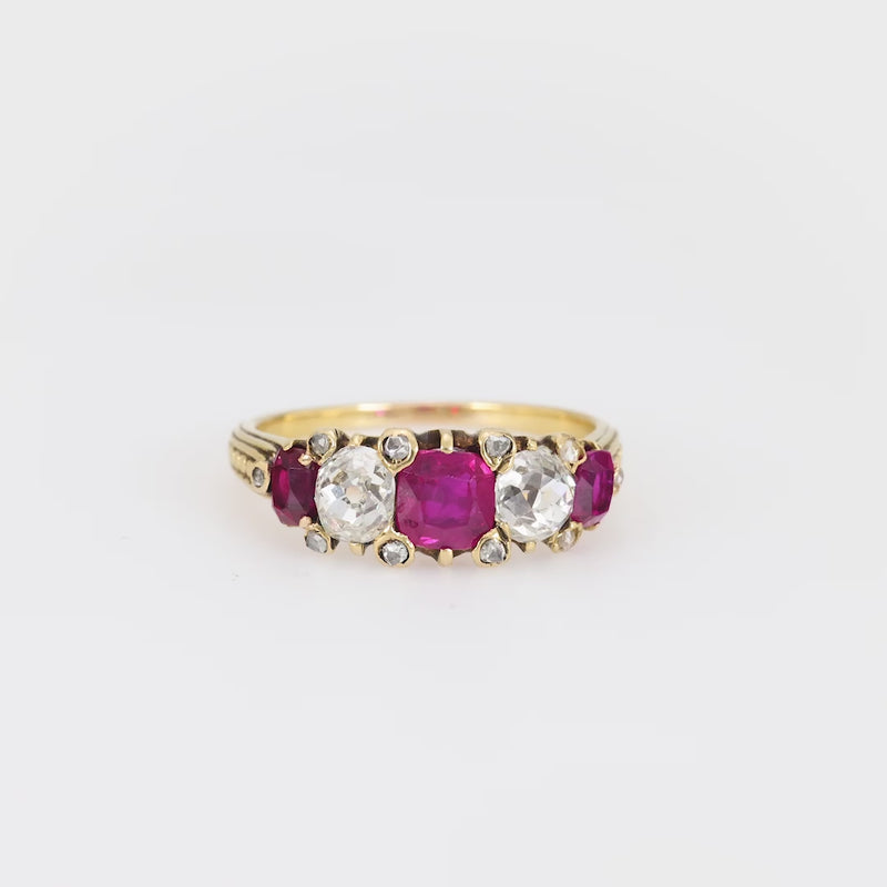 Victorian French GIA 1.20 carat total weight ruby diamond 18k yellow gold ring